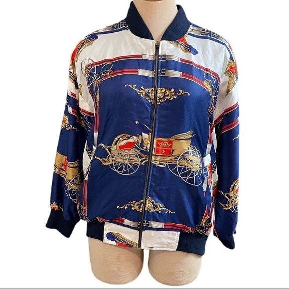 VTG 80s Paris Equestrian Carriage Satin Bomber Jacket S/M/L/XL - Picture 2 of 9